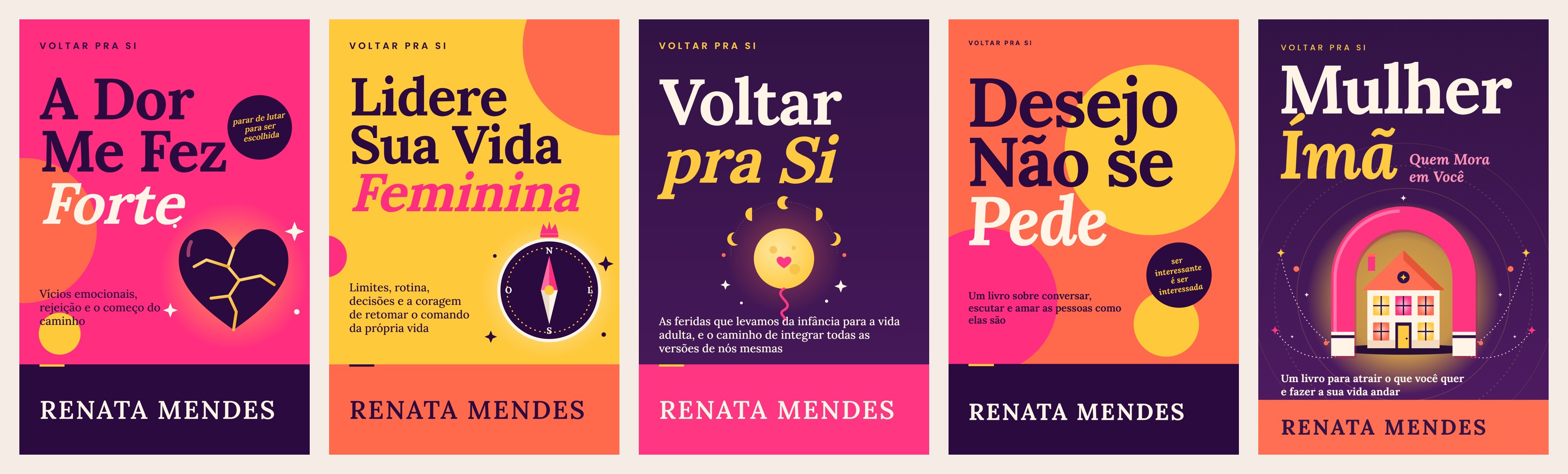 Cinco capas coloridas dos livros da série Voltar pra Si, lado a lado